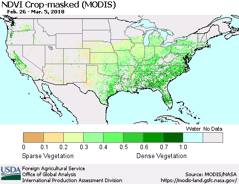 United States Cropland NDVI (Terra-MODIS) Thematic Map For 3/1/2018 - 3/10/2018