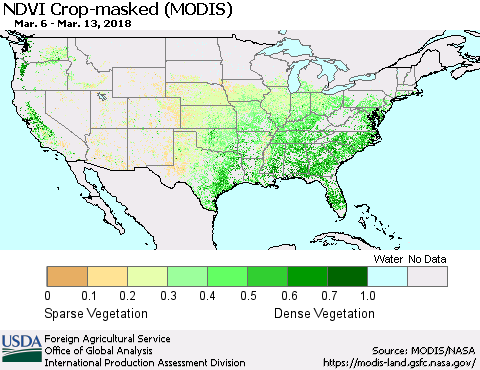United States Cropland NDVI (Terra-MODIS) Thematic Map For 3/11/2018 - 3/20/2018