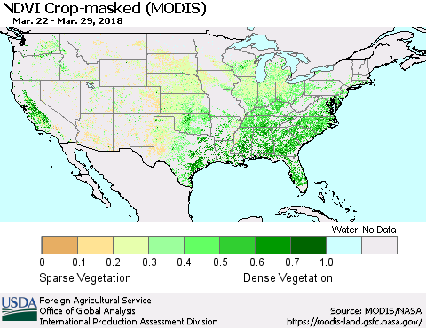 United States Cropland NDVI (Terra-MODIS) Thematic Map For 3/21/2018 - 3/31/2018