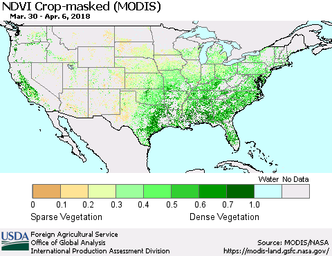 United States Cropland NDVI (Terra-MODIS) Thematic Map For 4/1/2018 - 4/10/2018