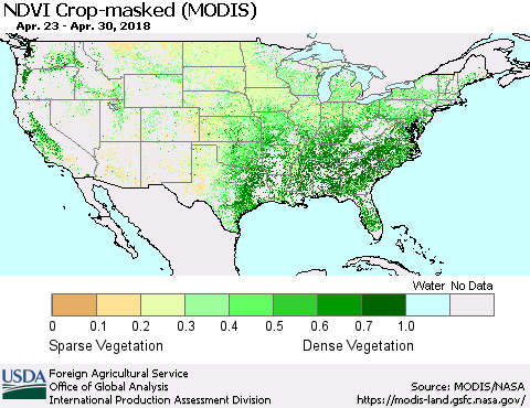 United States Cropland NDVI (Terra-MODIS) Thematic Map For 4/21/2018 - 4/30/2018