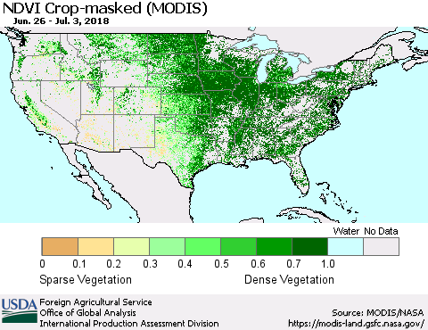 United States Cropland NDVI (Terra-MODIS) Thematic Map For 7/1/2018 - 7/10/2018