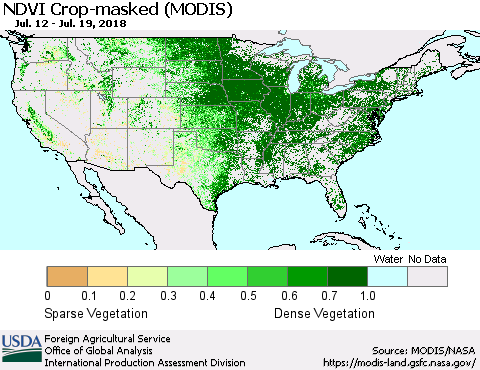 United States Cropland NDVI (Terra-MODIS) Thematic Map For 7/11/2018 - 7/20/2018