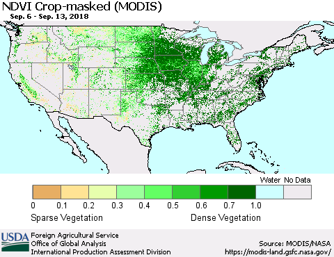 United States Cropland NDVI (Terra-MODIS) Thematic Map For 9/11/2018 - 9/20/2018