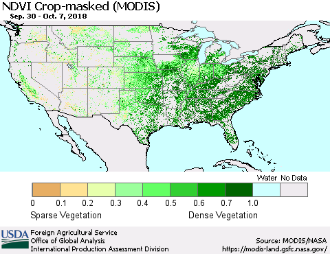United States Cropland NDVI (Terra-MODIS) Thematic Map For 10/1/2018 - 10/10/2018