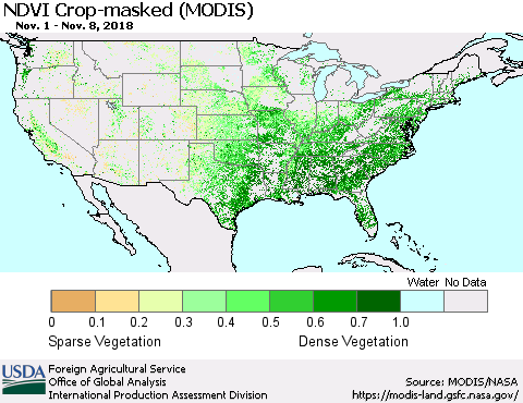United States Cropland NDVI (Terra-MODIS) Thematic Map For 11/1/2018 - 11/10/2018
