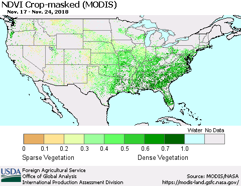 United States Cropland NDVI (Terra-MODIS) Thematic Map For 11/21/2018 - 11/30/2018