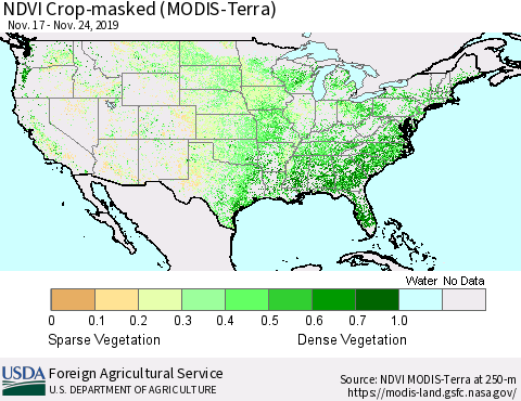 United States NDVI Crop-masked (MODIS-Terra) Thematic Map For 11/21/2019 - 11/30/2019