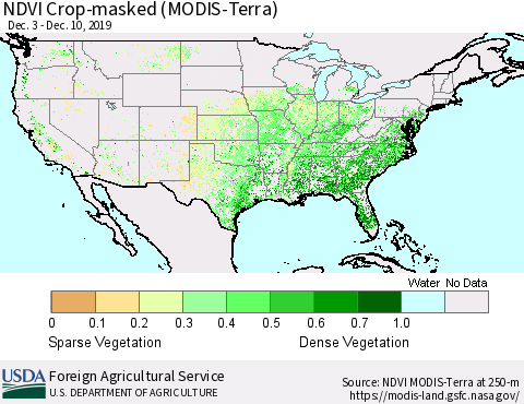 United States NDVI Crop-masked (MODIS-Terra) Thematic Map For 12/1/2019 - 12/10/2019