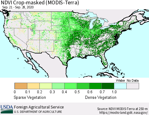 United States Cropland NDVI (Terra-MODIS) Thematic Map For 9/21/2020 - 9/30/2020