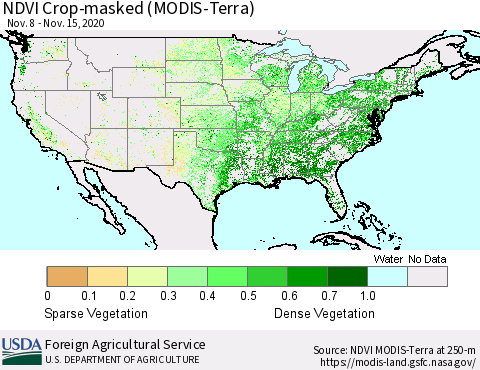 United States NDVI Crop-masked (MODIS-Terra) Thematic Map For 11/11/2020 - 11/20/2020
