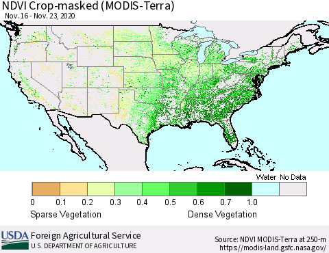 United States Cropland NDVI (Terra-MODIS) Thematic Map For 11/21/2020 - 11/30/2020
