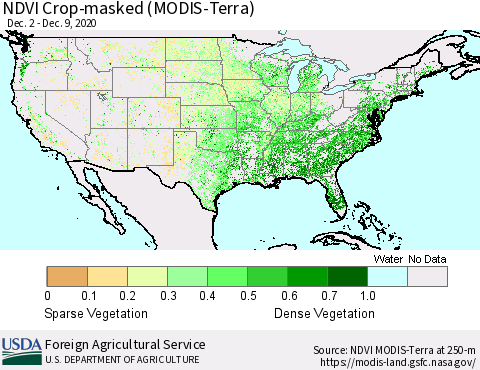 United States Cropland NDVI (Terra-MODIS) Thematic Map For 12/1/2020 - 12/10/2020