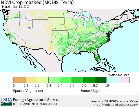 United States NDVI Crop-masked (MODIS-Terra) Thematic Map For 3/11/2021 - 3/20/2021