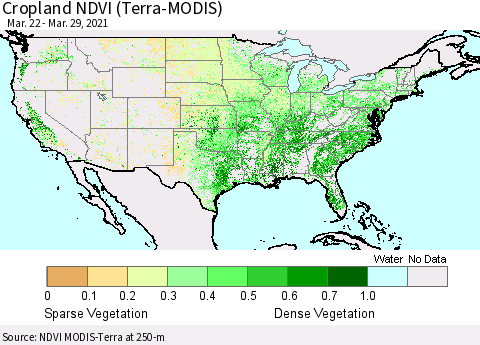 United States Cropland NDVI (Terra-MODIS) Thematic Map For 3/22/2021 - 3/29/2021