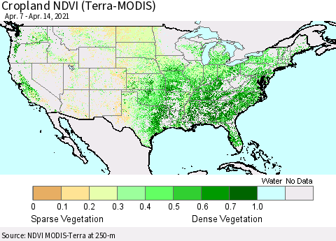 United States Cropland NDVI (Terra-MODIS) Thematic Map For 4/7/2021 - 4/14/2021