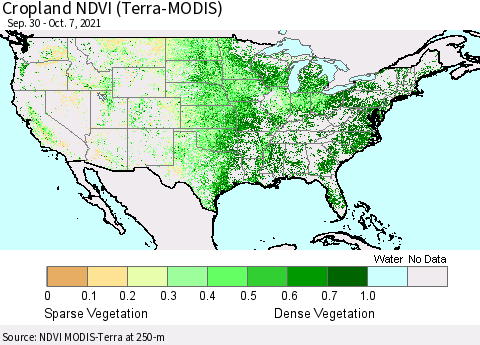 United States Cropland NDVI (Terra-MODIS) Thematic Map For 9/30/2021 - 10/7/2021