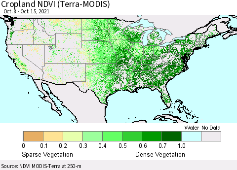 United States Cropland NDVI (Terra-MODIS) Thematic Map For 10/8/2021 - 10/15/2021