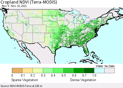 United States Cropland NDVI (Terra-MODIS) Thematic Map For 11/9/2021 - 11/16/2021