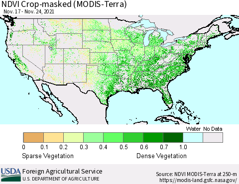 United States Cropland NDVI (Terra-MODIS) Thematic Map For 11/21/2021 - 11/30/2021