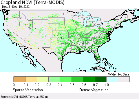 United States Cropland NDVI (Terra-MODIS) Thematic Map For 12/1/2021 - 12/10/2021