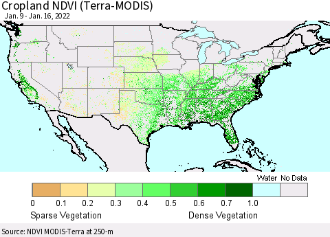 United States Cropland NDVI (Terra-MODIS) Thematic Map For 1/9/2022 - 1/16/2022