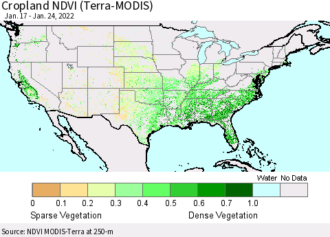 United States Cropland NDVI (Terra-MODIS) Thematic Map For 1/17/2022 - 1/24/2022
