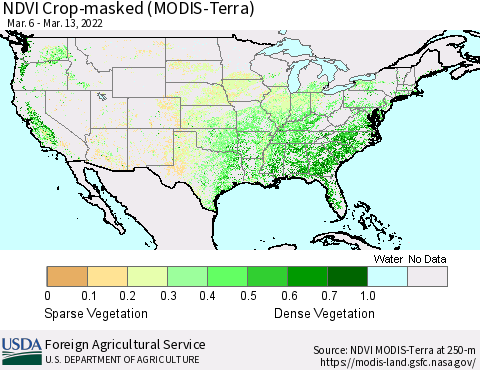 United States Cropland NDVI (Terra-MODIS) Thematic Map For 3/11/2022 - 3/20/2022