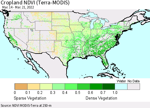 United States Cropland NDVI (Terra-MODIS) Thematic Map For 3/14/2022 - 3/21/2022
