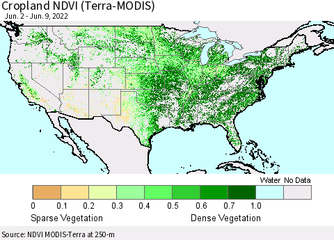 United States Cropland NDVI (Terra-MODIS) Thematic Map For 6/2/2022 - 6/9/2022