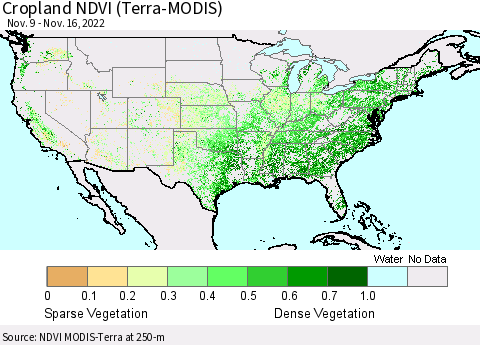 United States Cropland NDVI (Terra-MODIS) Thematic Map For 11/9/2022 - 11/16/2022