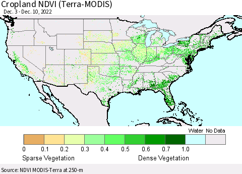 United States Cropland NDVI (Terra-MODIS) Thematic Map For 12/1/2022 - 12/10/2022