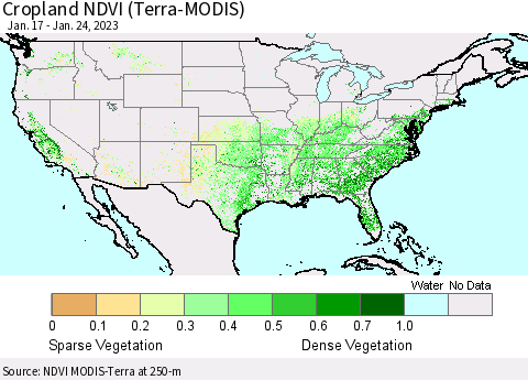 United States Cropland NDVI (Terra-MODIS) Thematic Map For 1/17/2023 - 1/24/2023