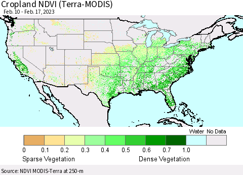 United States Cropland NDVI (Terra-MODIS) Thematic Map For 2/10/2023 - 2/17/2023