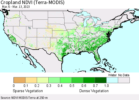 United States Cropland NDVI (Terra-MODIS) Thematic Map For 3/6/2023 - 3/13/2023