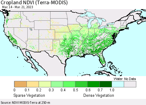United States Cropland NDVI (Terra-MODIS) Thematic Map For 3/14/2023 - 3/21/2023
