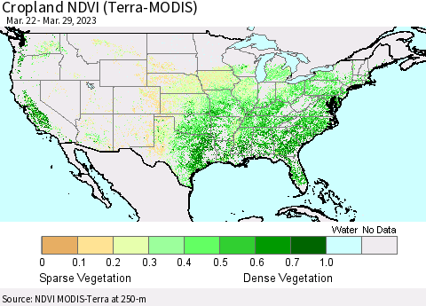 United States Cropland NDVI (Terra-MODIS) Thematic Map For 3/22/2023 - 3/29/2023