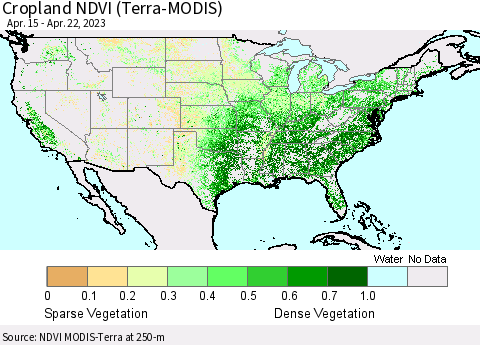 United States Cropland NDVI (Terra-MODIS) Thematic Map For 4/15/2023 - 4/22/2023