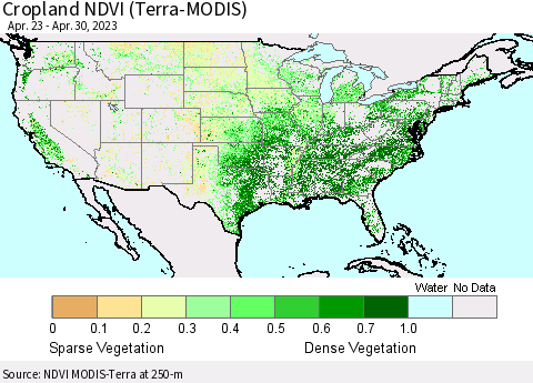 United States Cropland NDVI (Terra-MODIS) Thematic Map For 4/21/2023 - 4/30/2023