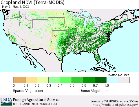 United States Cropland NDVI (Terra-MODIS) Thematic Map For 5/1/2023 - 5/10/2023
