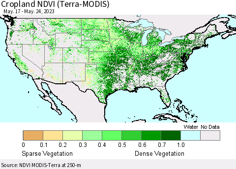 United States Cropland NDVI (Terra-MODIS) Thematic Map For 5/17/2023 - 5/24/2023