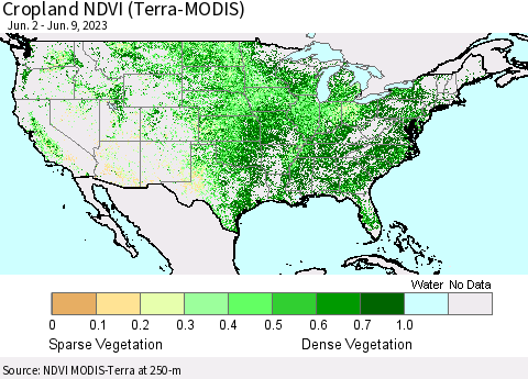 United States Cropland NDVI (Terra-MODIS) Thematic Map For 6/2/2023 - 6/9/2023