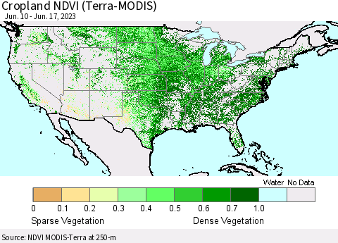 United States Cropland NDVI (Terra-MODIS) Thematic Map For 6/10/2023 - 6/17/2023