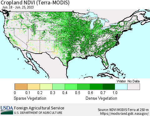 United States Cropland NDVI (Terra-MODIS) Thematic Map For 6/21/2023 - 6/30/2023