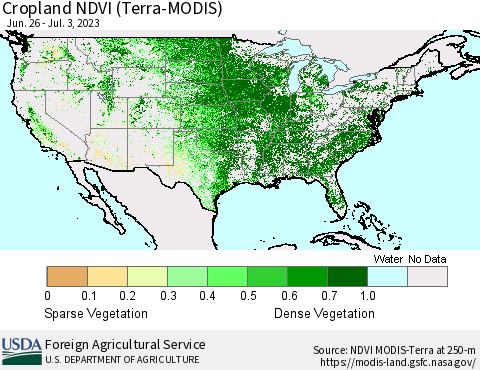 United States Cropland NDVI (Terra-MODIS) Thematic Map For 7/1/2023 - 7/10/2023