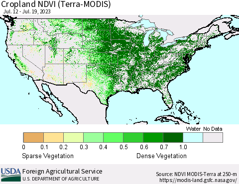 United States Cropland NDVI (Terra-MODIS) Thematic Map For 7/11/2023 - 7/20/2023