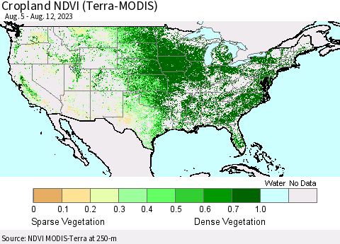 United States Cropland NDVI (Terra-MODIS) Thematic Map For 8/5/2023 - 8/12/2023