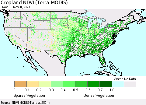 United States Cropland NDVI (Terra-MODIS) Thematic Map For 11/1/2023 - 11/8/2023