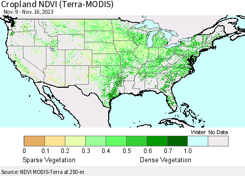 United States Cropland NDVI (Terra-MODIS) Thematic Map For 11/9/2023 - 11/16/2023