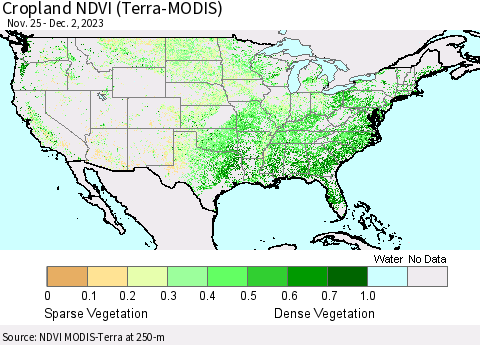 United States Cropland NDVI (Terra-MODIS) Thematic Map For 11/25/2023 - 12/2/2023